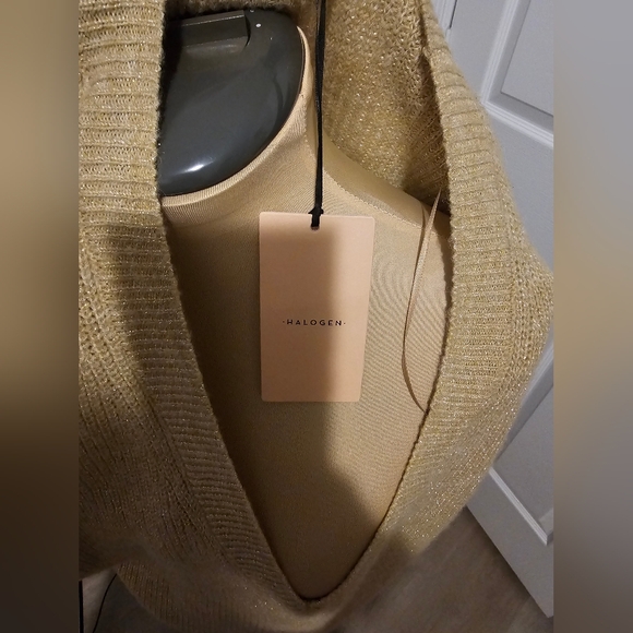 Halogen NWT Women's V-neck Tunic Sweater Extra Long Tan With Gold Shimmer  Sz 1 - Picture 6 of 7